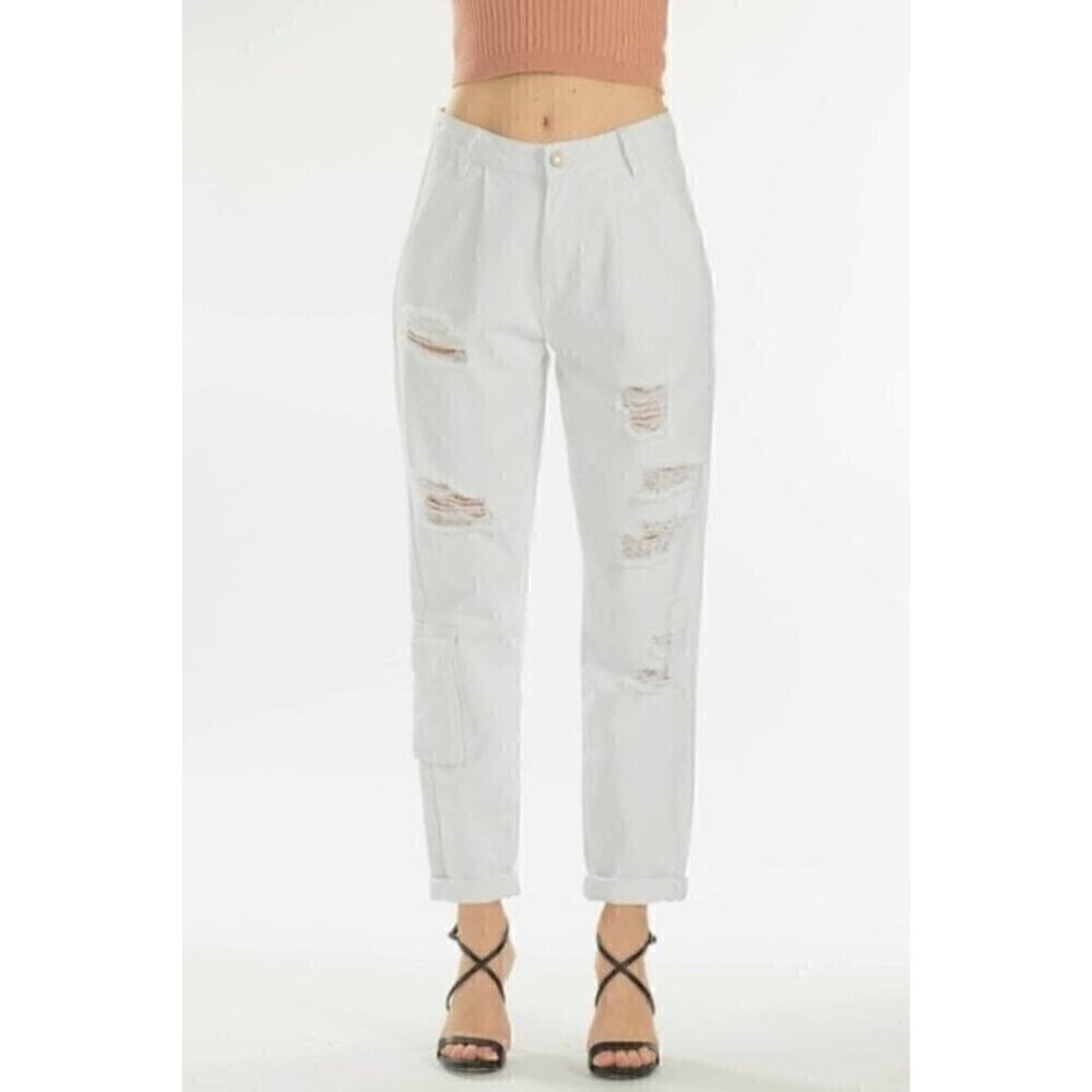 Kancan Boyfriend Relaxed Cargo Pocket Jeans High Rise White Size 9/28